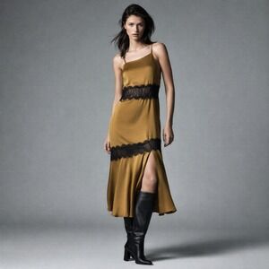 Zara Mustard Midi Dress with Black Lace